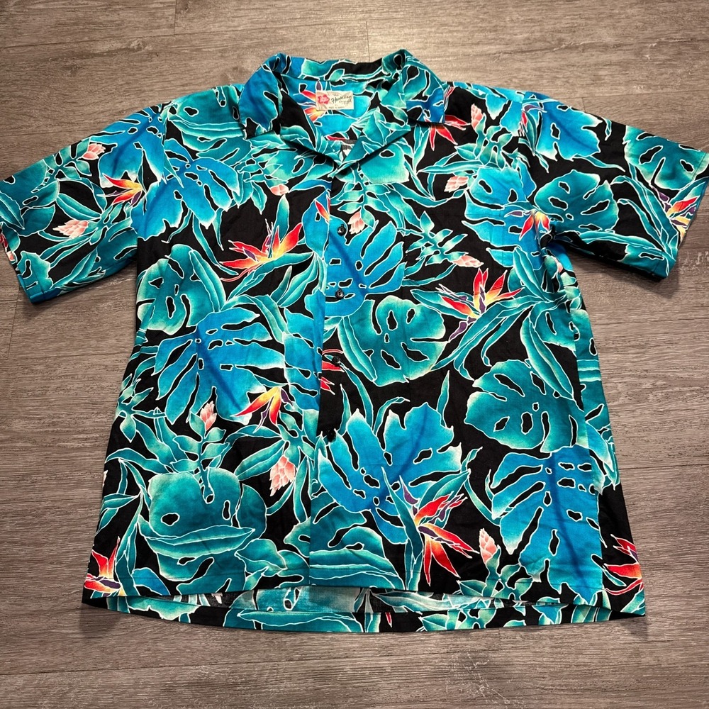 Hilo Hattie Hawaiian Shirt Mens‎ XL Blue Floral Cotton Tropical Vacation Aloha